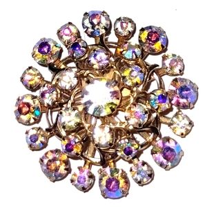 Vtg 1950s Gold Tone AB Aurora Borealis Layered Prong Rivot Bling Pin Brooch